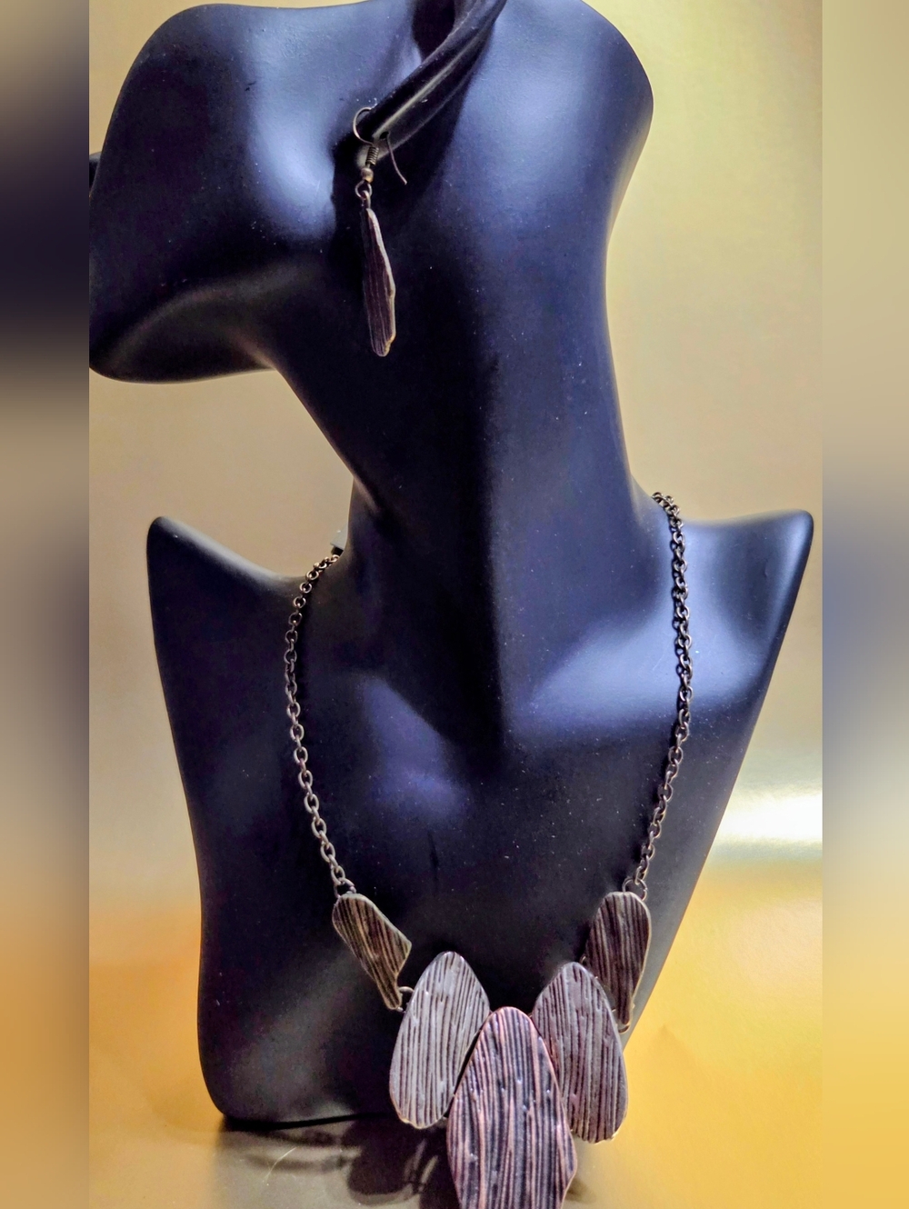Statement Brown Textured Pendant Necklace and Earring Set